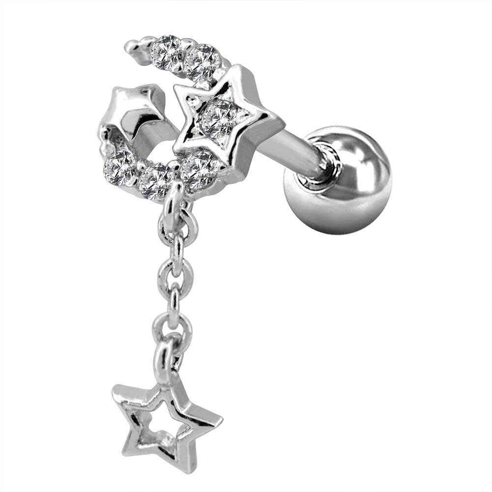 ムーンナイトヘリックス ストレートバーベル 16ゲージ 16G 軟骨 耳 ボディピアス トラガス チャーム 揺れる 星 月 クリスタル ジルコニア ピンクゴールド シルバー おしゃれ メンズ レディース サージカルステンレス316L プレゼント 人気 ギフト クリスマス 誕生日