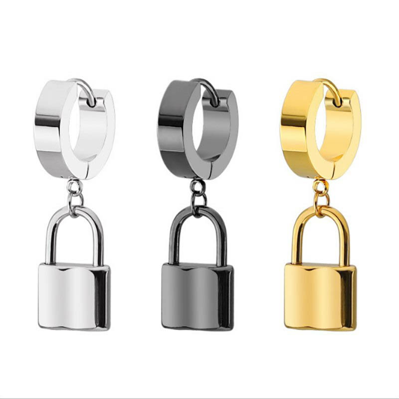 ロックチャームフープピアス 1個販売 中折れ ステンレスピアス リングピアス メンズ レディース 南京錠 パドロック ブラック ゴールド シルバー 黒色 金色 ...