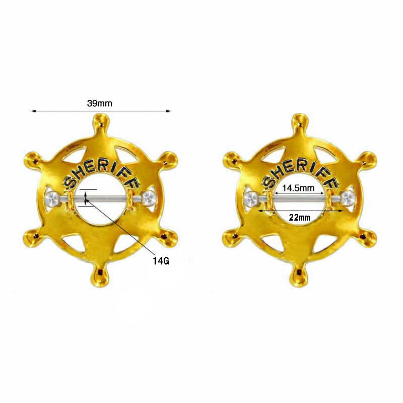 [ 16G ニップル 乳首 ボディピアス] 保安官バッチ ニップルピアス 16ゲージ おもしろ 面白い ゴールド 金色 シェリフ 警察 ポリス メンズ レディース コスプレ 仮装 サージカルステンレス316L おっぱい 胸 男性 女性 男子 女子 ストレートバーベル ボディーピアス シールド