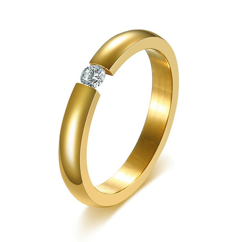 ゴールドシンプルジルコニアステンレスリング(PRB053)サイズ/10号/13号/15号/17号/20号/23号 金色 細い スリム クリスタル 甲丸 メンズ ...