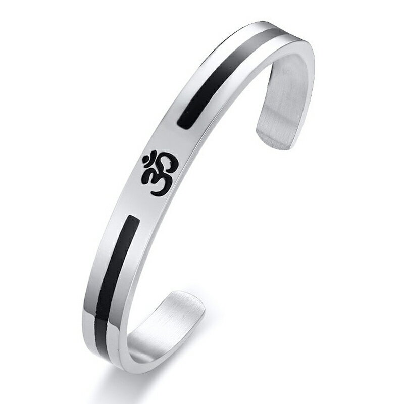 ブラックエナメル梵字ステンレス バングル アームレット 腕輪 サージカルステンレス316L メンズ レディース 黒色 ライン 手首 エスニック 二の腕 アクセサ...