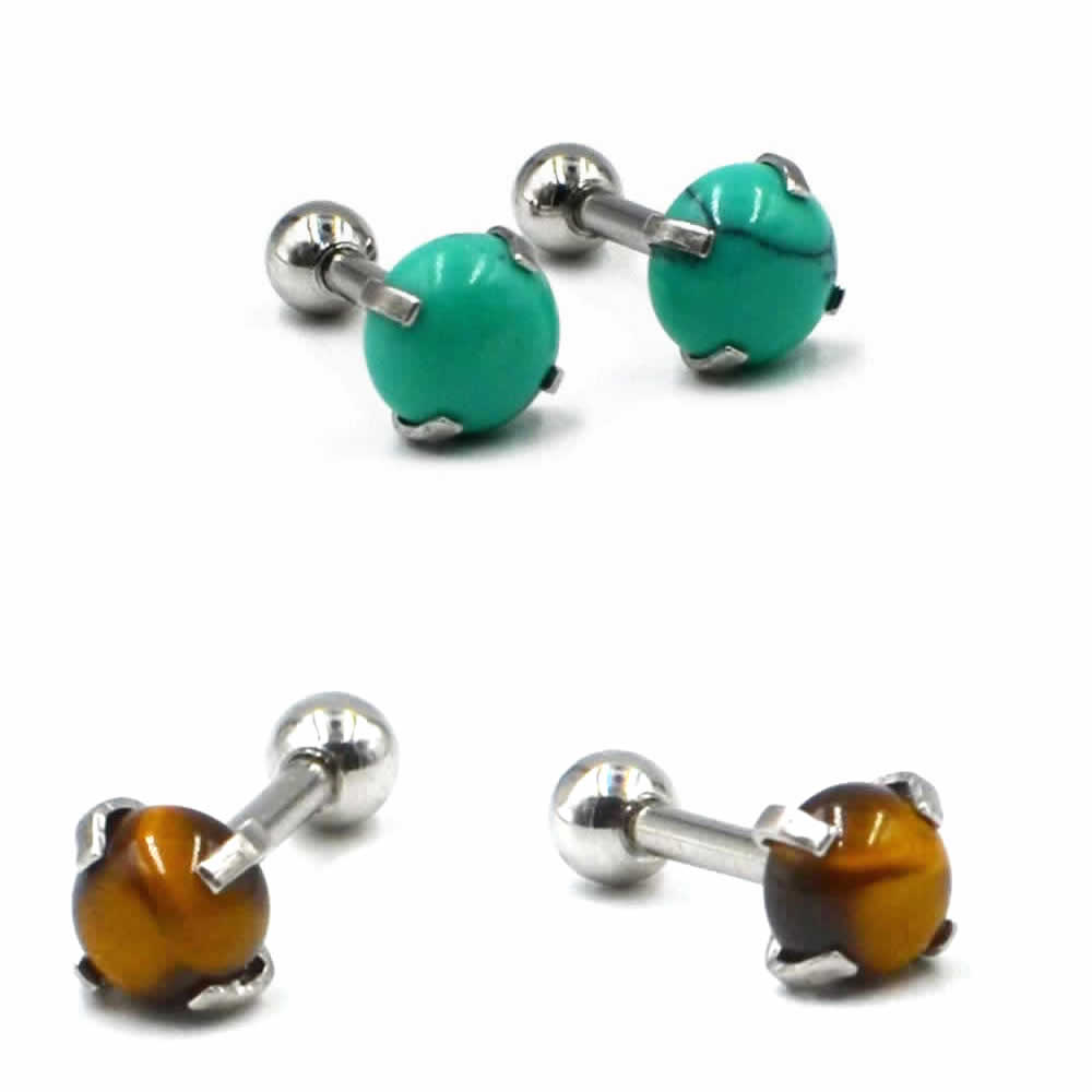 [天然石風 ボディピアス 16G] 立爪ナチュラルストーン ストレートバーベル 軟骨ピアス 16ゲージ ステンレス メンズ レディース ボディーピアス ヘリックス トラガス アンテナ プレゼント ターコイズ タイガーアイ トルコ石 青色 ブルー 茶色 人気 おしゃれ 母の日 父の日