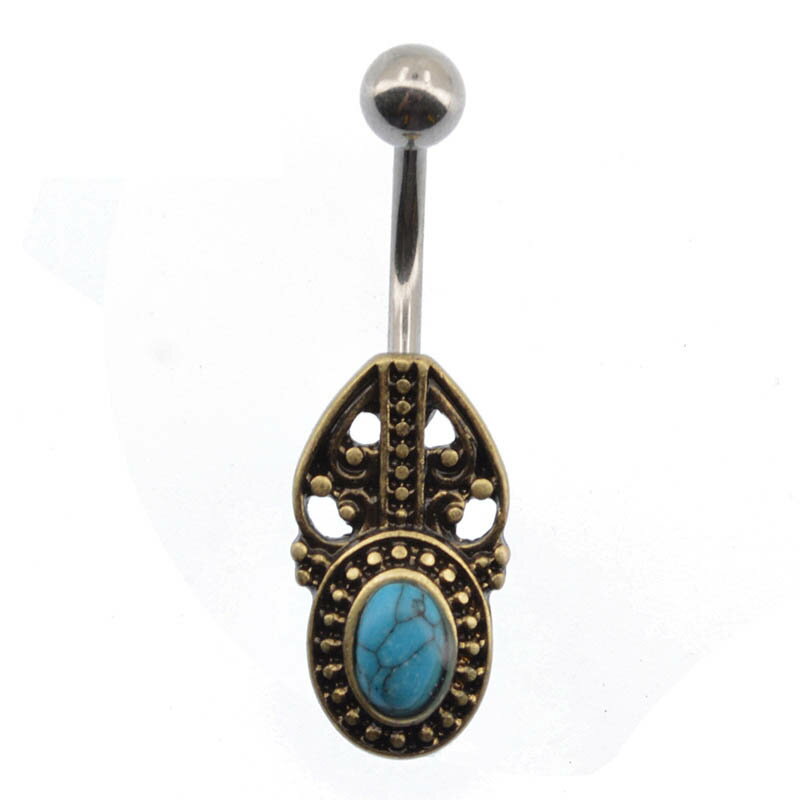 [ヘソピアス ボディピアス 14G ] メダルターコイズ へそピアス トルコ石 天然石風 青色 インディアンジュエリー ボヘミアン アンティークゴールド プレゼント 14ゲージ メンズ レディース サージカルステンレス316L 臍ピアス ボディーピアス オーバル 楕円形 ゴールド 金