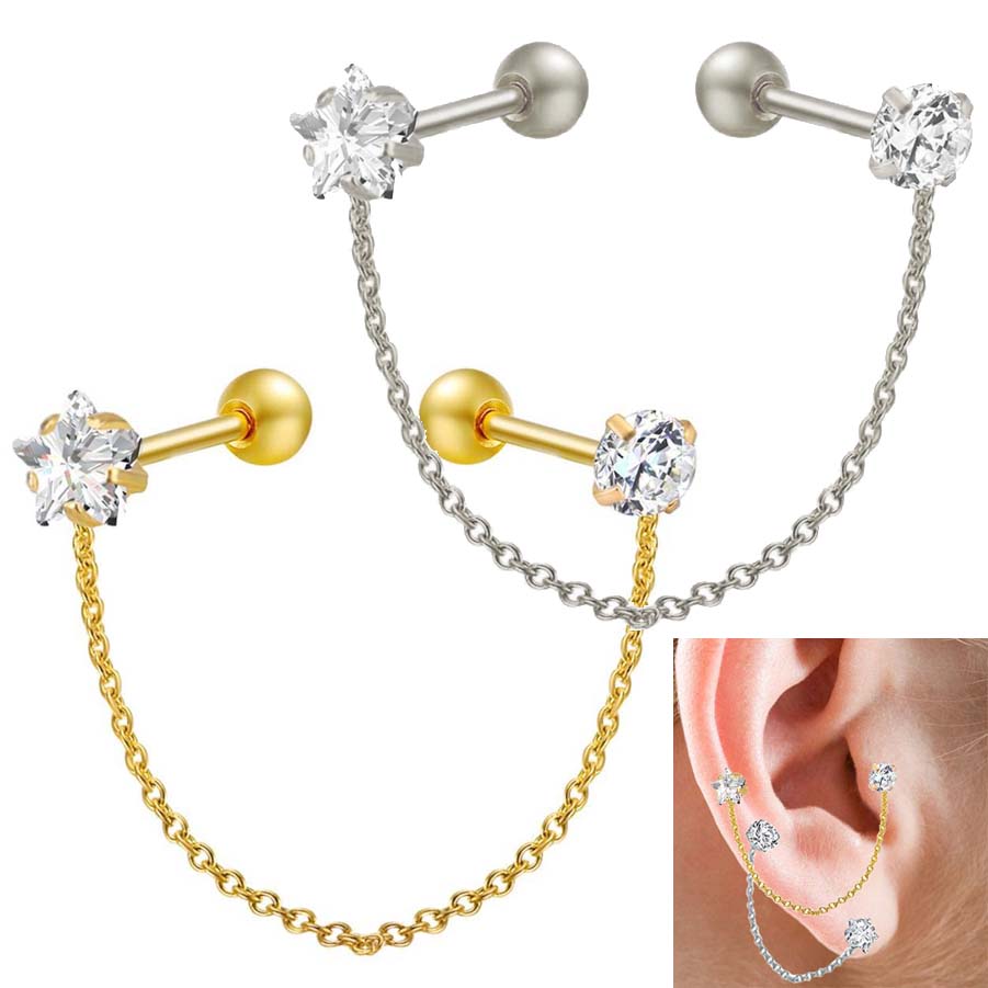 立爪CZスタージルコニアチェーン ストレートバーベル 16ゲージ 16G ゴールド シルバー 金メッキ 銀色 軟骨 ヘリックス ボディピアス トラガス アンテナ 星 ラインストーン クリスタル メンズ レディース ステンレス 繋ぐ つなぐ 鎖 クサリ ボディーピアス 面白い