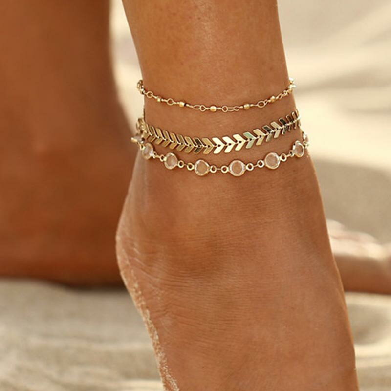 3連ボヘミアンクリスタルスパンコール ゴールドアンクレット ブレスレット 3本セット 金色 3個セット レディース メンズ ペア 裸足 素足 足首 手首 フット...