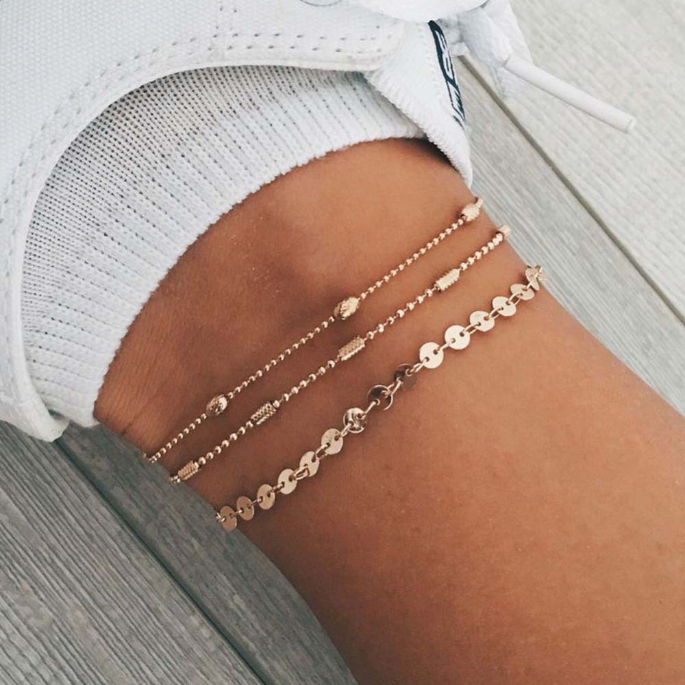 3連ボヘミアンチェーン ゴールドアンクレット ブレスレット 3本セット 金色 3個セット レディース メンズ ペア 裸足 素足 足首 手首 フット 足輪 アクセ...