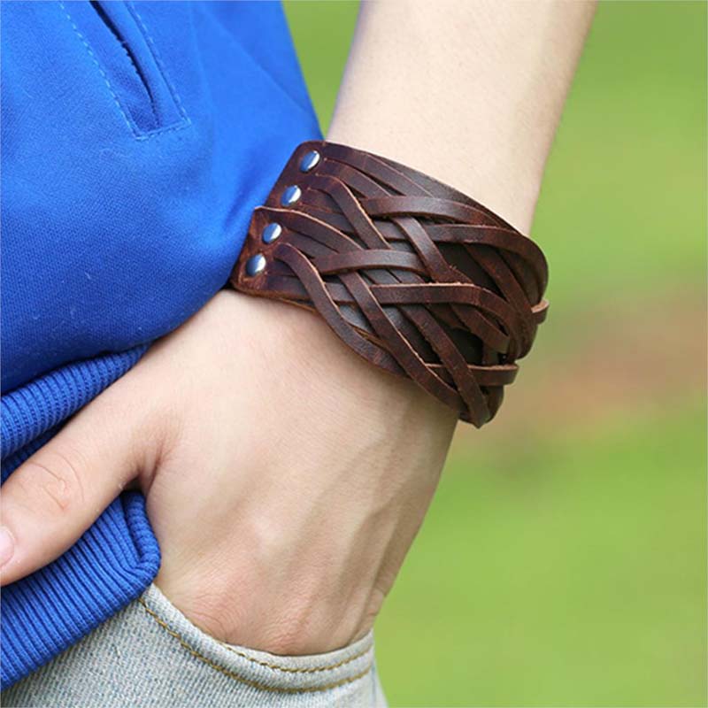 ブラウンダブル編み込みワイドハンドカフレザーブレスレット 1個販売 メンズ レディース 腕輪 バングル 茶色 幅あり 男性 女性 太い バックル パンク ロック...