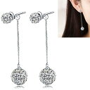 ダブルパベロングベネチアンチェーンバックキャッチピアス 1ペア クリスタル パヴェ キラキラボール クサリ ロングチャーム レディース シルバー 結婚式 2次会 発表会 女子会 大人 ジャケットピアス 両耳 プレゼント ギフト 母の日 揺れる 長い ジルコニア CZ 20G 20ゲージ