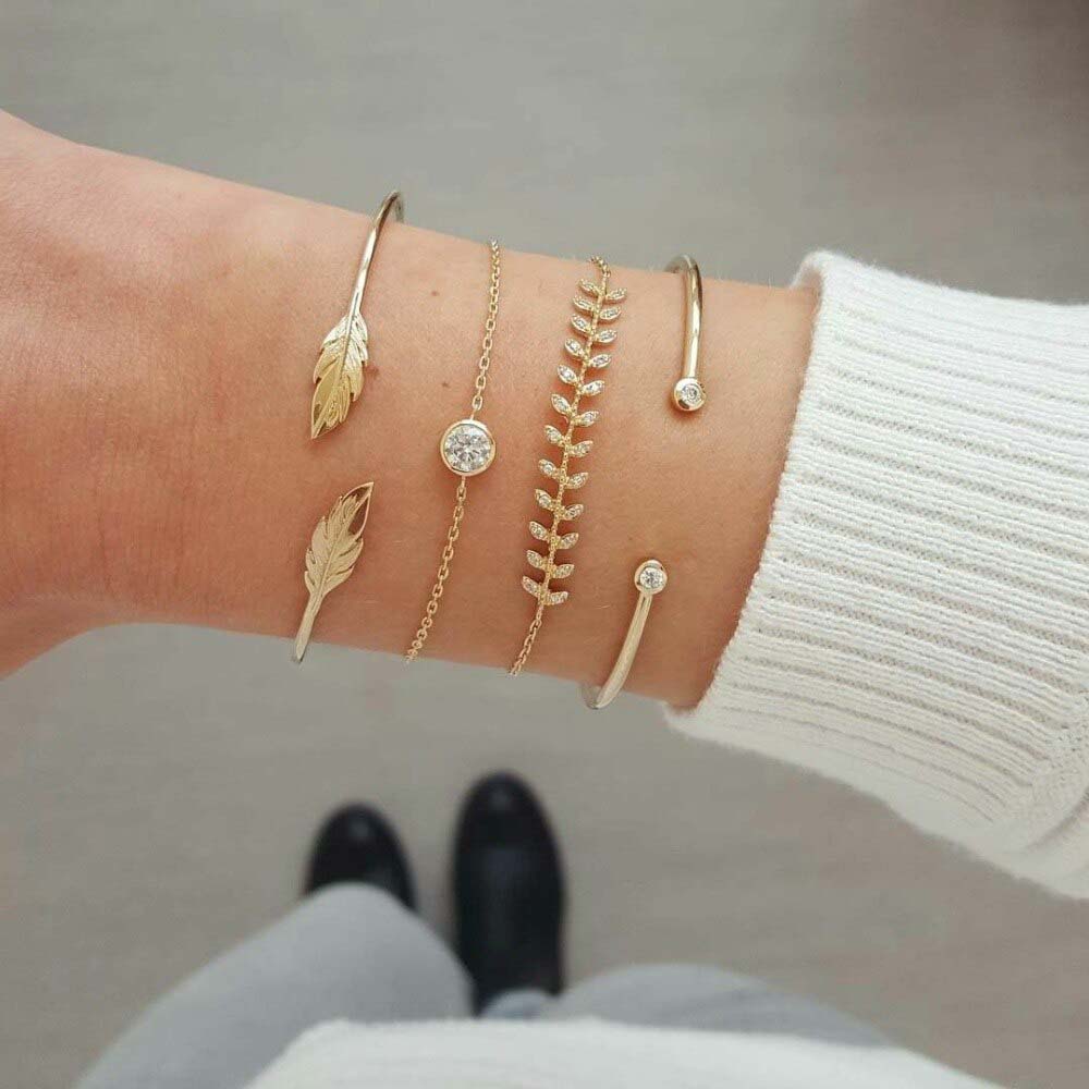 フォーピース バングル ブレスレット セット 4個セット ゴールド 羽根 翼 フェザー チェーンブレスレット クリスタル ジルコニア リーフ 葉 金色 ボヘミア...