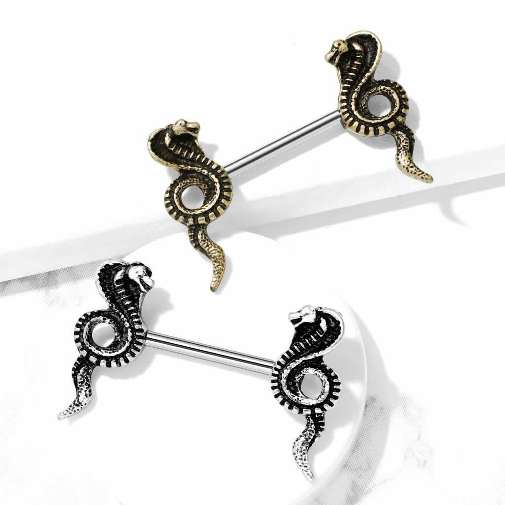 [14G おもしろ ボディピアス] コブラ ニップルピアス ストレートバーベル 14ゲージ サージカルステンレス316L メンズ レディース ボディーピアス 面白い 乳首 ヘリックス 軟骨 アンテナ プレゼント スネーク スネイク 蛇 へび ヘビ ゴールド 金色 シルバー 銀色 プレゼント