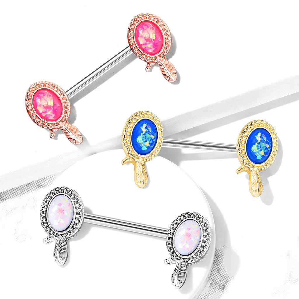 [14G おもしろ ボディピアス] スネークオパール ニップルピアス ストレートバーベル 14ゲージ サージカルステンレス316L メンズ レディース ボディーピアス 面白い 乳首 ヘリックス 軟骨 アンテナ プレゼント ピンク ホワイト ブルー 青色 天然石風 蛇 へび スネイク