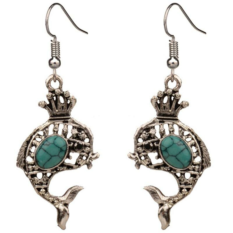 キングドルフィンターコイズステンレスピアス/1ペア販売 両耳用 サージカルステンレス316L トルコ石 メンズ レディース 揺れる フックピアス 天然石 チャーム 20G 20ゲージ イルカ 鯨 クジラ 王冠 ティアラ 丸い 楕円形 可愛い プレゼント 人気 女子 青色 ブルー 水色