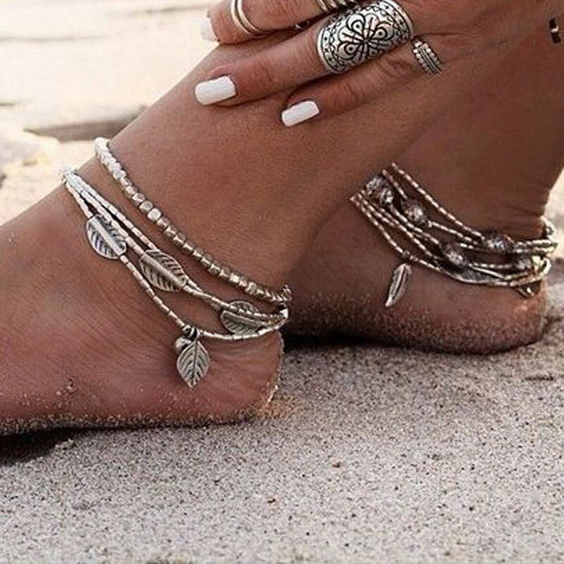 フェザーフィッシュロングアンクレット 3本セット シルバーカラー メンズ レディース ペア ブレスレット 裸足 素足 足首 サカナ 魚 羽根 ボヘミアン 銀色 ...