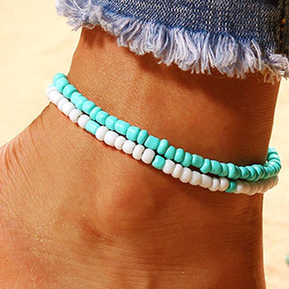 アクリルターコイズ&ホワイトサンゴビーズ2連アンクレット 1個販売 ブレスレットトルコ石 天然石風 青色 白色 レディース メンズ ペア 裸足 素足 足首 手首...