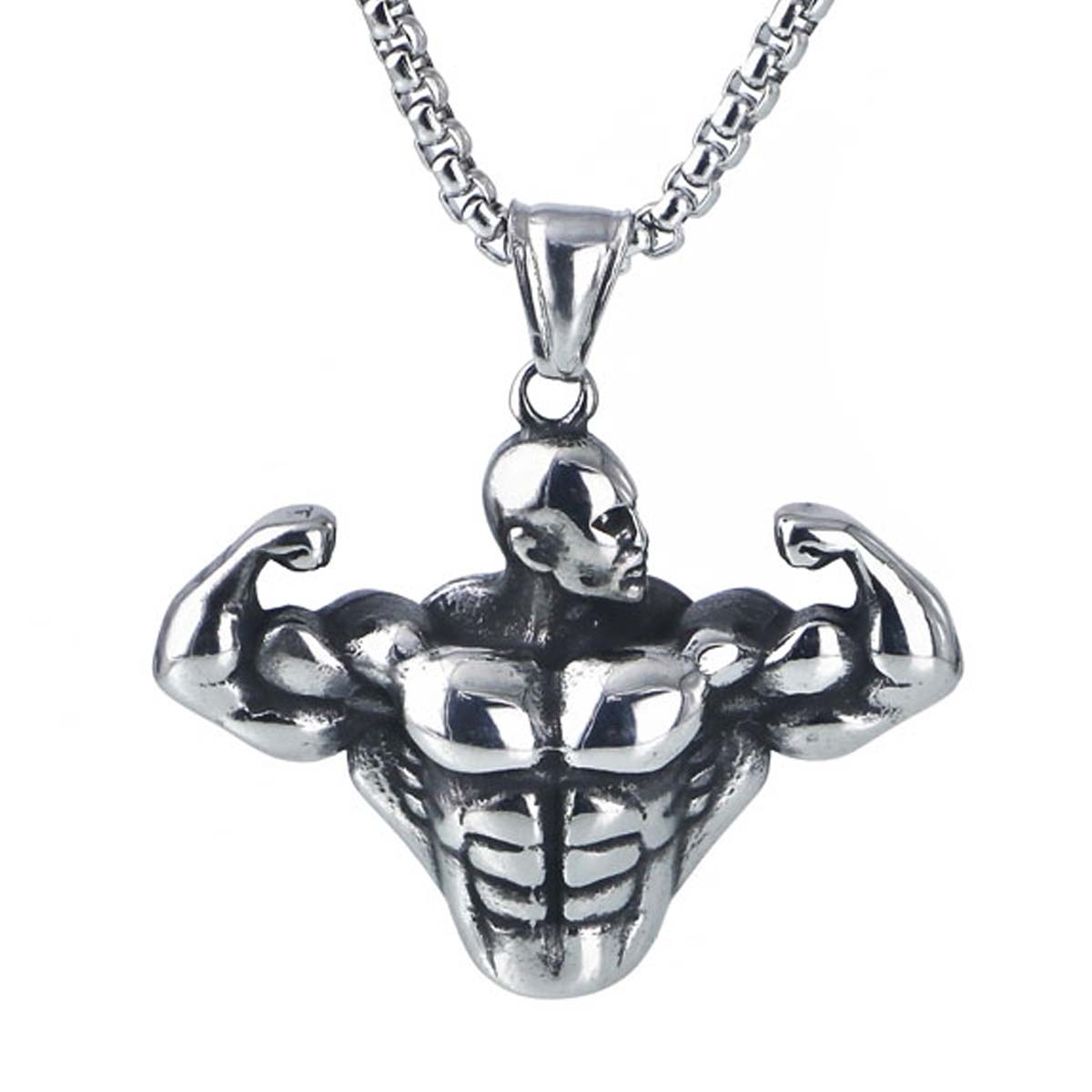 マッスル ボディービルダーステンレスネックレス(60cmのステンレスチェーン付き) ネックレスチェーン ペンダントトップ サージカルステンレス316L メンズ ...