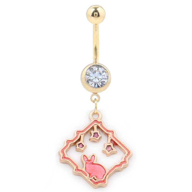 [14G 臍ピアス ボディピアス] ラビットガーデンチャームへそピアス 14ゲージ 14G ヘソピアス メンズ レディース ボディーピアス サージカルステンレス316L クリスタル ゴールド 金メッキ 揺れる ウサギ 兎 バニー ピンク 星 スター 四角形 スクエア アニマル 動物