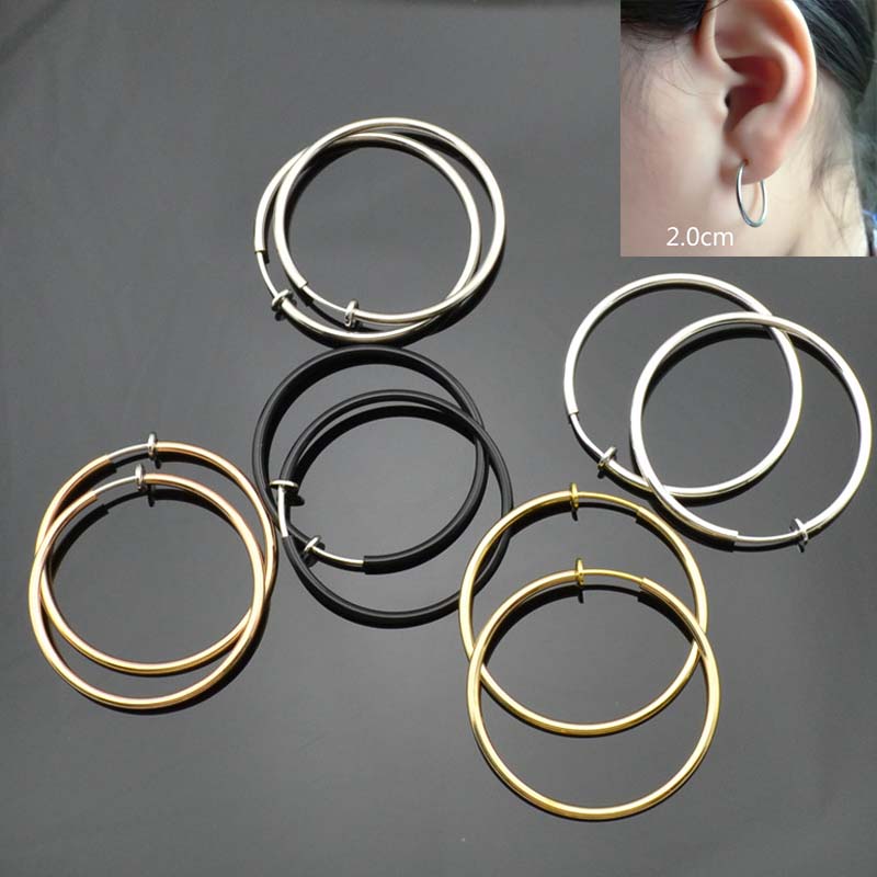 20mmノンホールピアス フェイクリングピアス 1個販売 大きめ シンプル ブラック シルバー ゴールド ピンクゴールド スプリング バネ フープピアス リング...