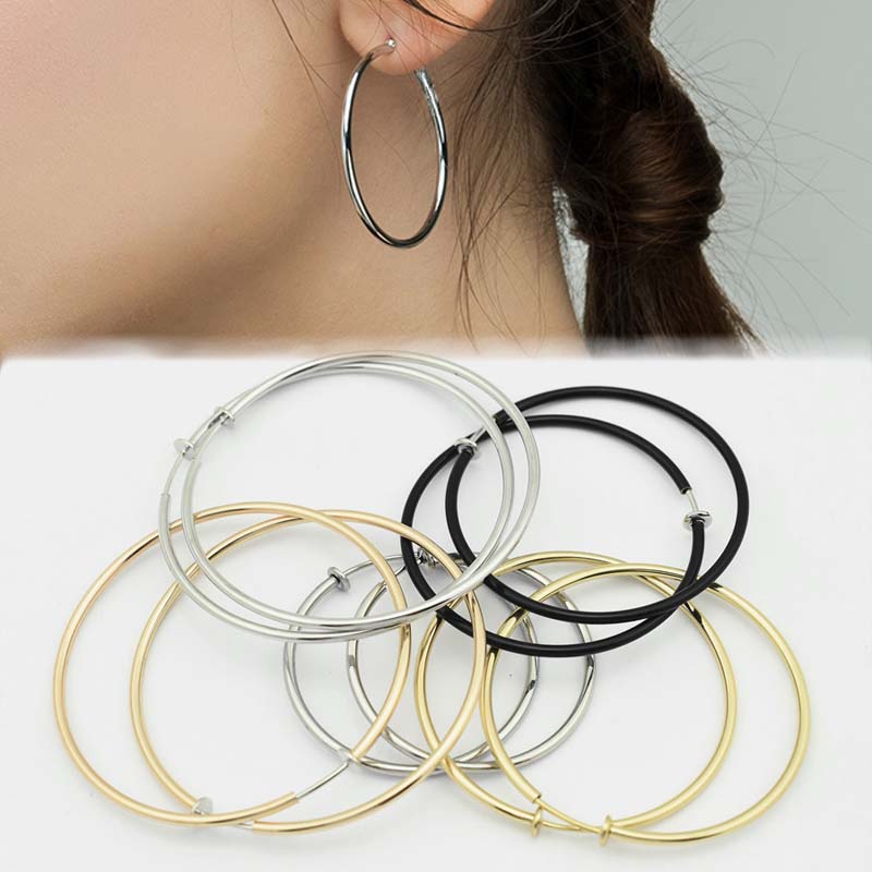 40mm ノンホールピアス フェイクリングピアス 1個販売 大きい シンプル ブラック シルバー ゴールド ピンクゴールド スプリング バネ フープピアス リン...