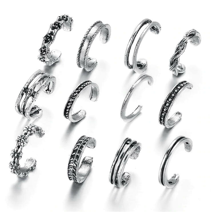 ピアス専門ショップGreen Piercingの[ファランジリングにもトゥリングにも] フリーサイズの指輪12本セット 足の指輪 トーリング 足のリング ピンキーリング シルバー 小指 関節 指先 夏 イヤーカフ カフリング 夏 プレゼント 人気 男性 女性 彼氏 彼女 花 メンズ レディース シンプル フラワー 12個 流行 綺麗｜アングル2
