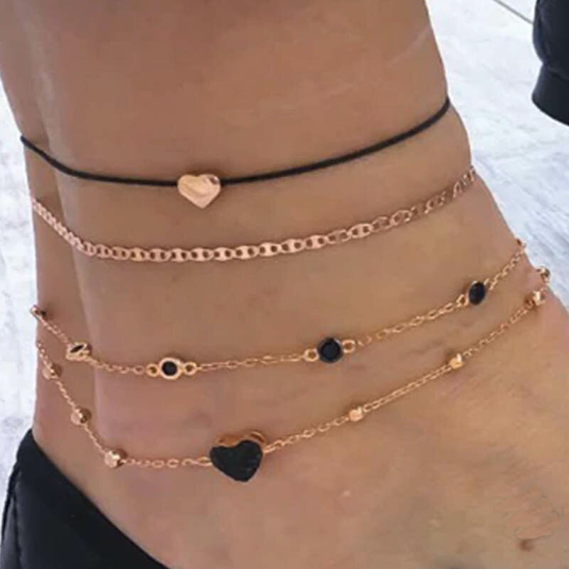 ブラックスイートハートアンクレット 4本セット ミサンガ 4連 4個 ブレスレット 黒色 ジルコニア クリスタル ラインストーン ジュエル 彼女 女性 レディー...