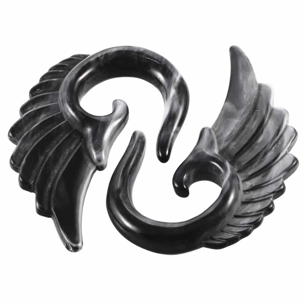 [8G 6G 4G 2G 0G 00G 12mm ボディピアス] ブラックマーブルアクリルウイング 1個販売 メンズ レディース 黒色 金属アレルギー対応 8ゲージ 6ゲージ 4ゲージ 2ゲージ 0ゲージ 00ゲージ 12.0mm 拡張器 インサーションテーパー 翼 ウイング 羽根 天然石風 白色 ボディーピアス