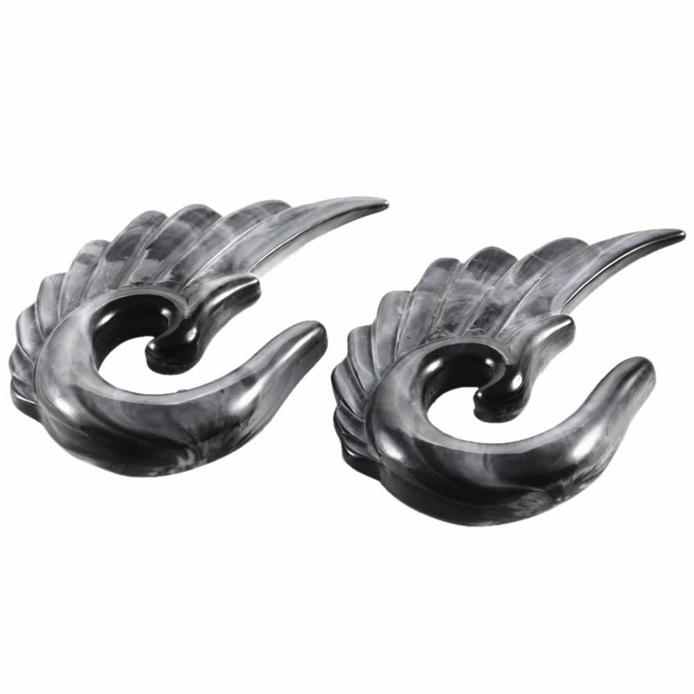 [8G 6G 4G 2G 0G 00G 12mm ボディピアス] ブラックマーブルアクリルウイング 1個販売 メンズ レディース 黒色 金属アレルギー対応 8ゲージ 6ゲージ 4ゲージ 2ゲージ 0ゲージ 00ゲージ 12.0mm 拡張器 インサーションテーパー 翼 ウイング 羽根 天然石風 白色 ボディーピアス