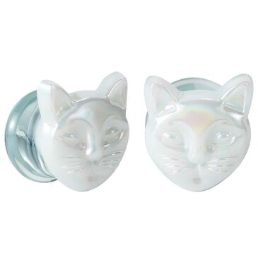 [2G 0G 00G ボディピアス] ガラスキャットプラグ 1個販売 フレア ボディーピアス ネコ 猫 アニマル 動物 ホワイト 白色 2ゲージ 0ゲージ 00ゲージ 金属アレルギー対応 メンズ レディース プレゼント ギフト 透明 クリア 耳 拡張 ホール系 彼女 彼氏 女 男 テーパー