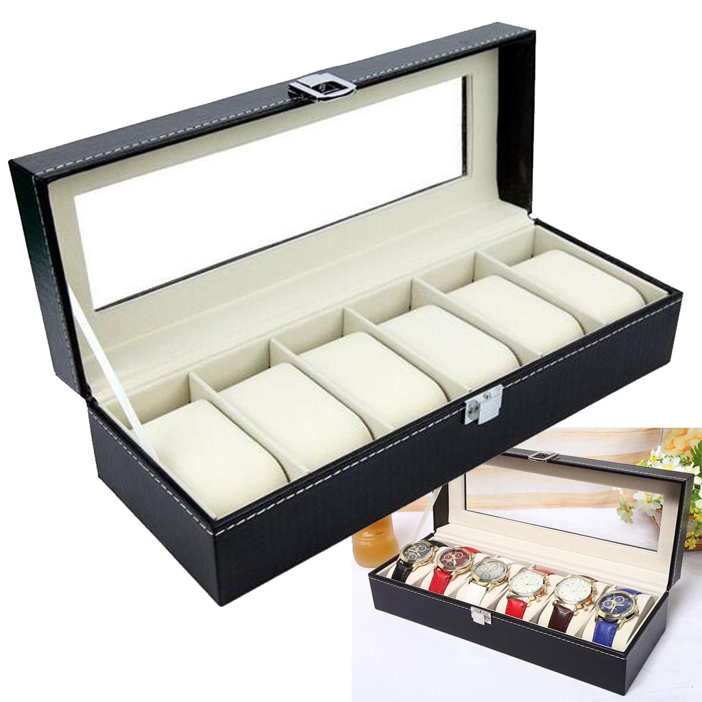 時計ディスプレイケース(6本用 ブラック) 高級 レザー ベルベット 革 皮 ディスプレイボックス ガラス コレクションボックス 男性 メンズ 父の日 プレゼン...