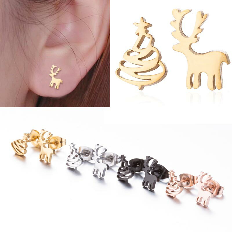クリスマスツリーとトナカイのステンレスピアス/1ペア販売 両耳 シルバー ゴールド ブラック 金色 黒色 ピンクゴールド 動物 アニマル 可愛い シカ 木 サン...