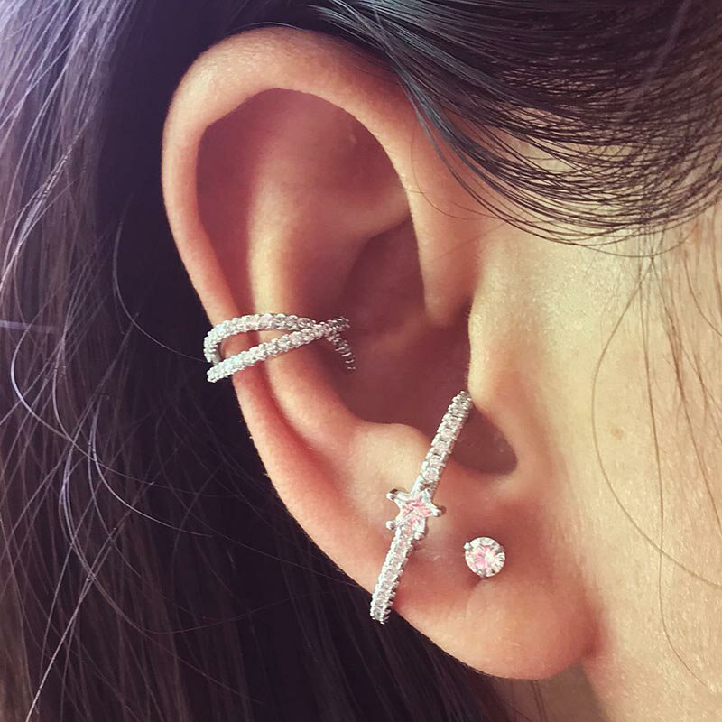 [16G ボディピアス ヘリックス]クリスタルリングカフ ストレートバーベル ボディーピアス 16ゲージ ステンレス 大きなリングピアス風 フープピアス風 おしゃれ 流行 彼女 彼氏 軟骨 コンク 耳 ヘリックス 男 女 プレゼント ギフト 結婚式 パーティー 人気 ジルコニア パベ