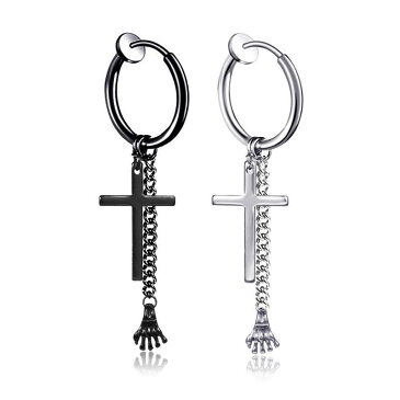 12Gボディピアス風イヤリング(クロススカルハンド) 1個販売 十字架 ドクロ ガイコツ 手 クサリ 鎖 黒色 ブラック シルバー 銀色 スプリング イヤーカフ ノンホール リングピアス風 ステンレスピアス風 メンズ レディース ボディーピアス型 ステンレス 髑髏 がい骨 人気