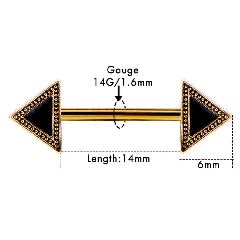 [14G 軟骨用 乳首用 ストレートバーベル型 ボディピアス] ブラックトライアングル ニップルピアス 14ゲージ ステンレス メンズ レディース 正面向き 平行向き ヘリックス ボディーピアス 金色 黒色 三角形 アンティーク おしゃれ 人気 男 女 ペアルック プレゼント ギフト