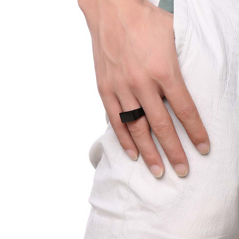 スリム印台型ステンレスリング / ブラック（VRR020） サイズ/18号/20号 シンプル 黒色 ハンコのような指輪 サージカルステンレス316L メンズ レディース ペアリング プレゼント ギフト 結婚 婚約 記念日 誕生日 ピンキーリング スタイリッシュ 男性 女性