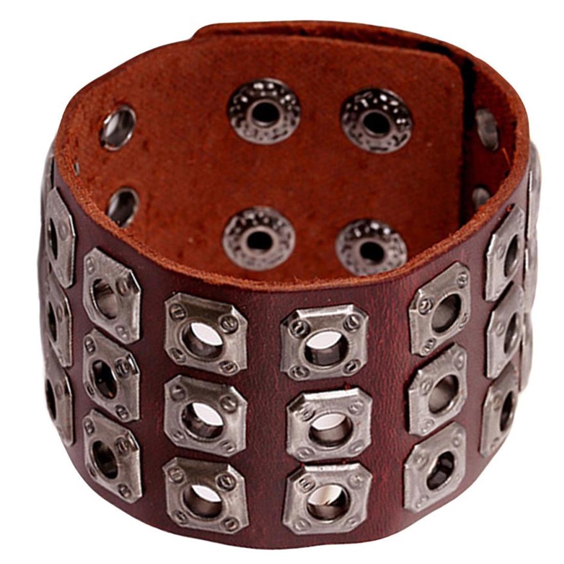 ブラウンホールスタッズワイドハンドカフレザーブレスレット 1個販売 メンズ レディース 腕輪 バングル 茶色 幅あり 男性 女性 太い バックル パンク ロック...