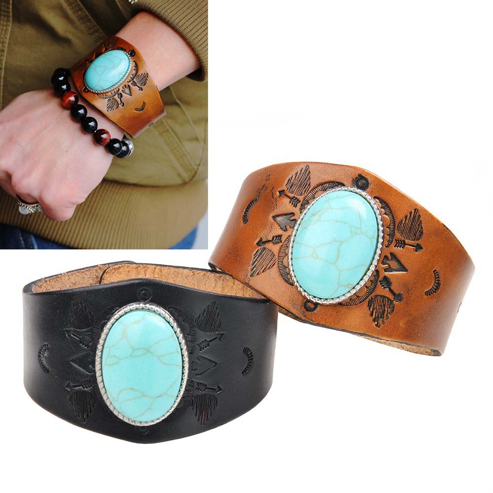 ビッグターコイズレザーブレスレット 1個販売 メンズ レディース ブラウン 茶色 黒色 ブラック トルコ石 楕円形 カボション 大きい 腕輪 バングル 天然石 ...