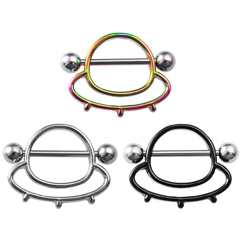 [ 14G 乳首 ] UFOシールド ニップルピアス ボディピアス 1個販売 シルバー ブラック レインボー 黒色 虹色 銀色 ストレートバーベル シールド 14ゲージ 胸 乳輪 メンズ レディース サージカルステンレス316L ボディーピアス 円盤 宇宙人 ユーホー 面白い おもしろい