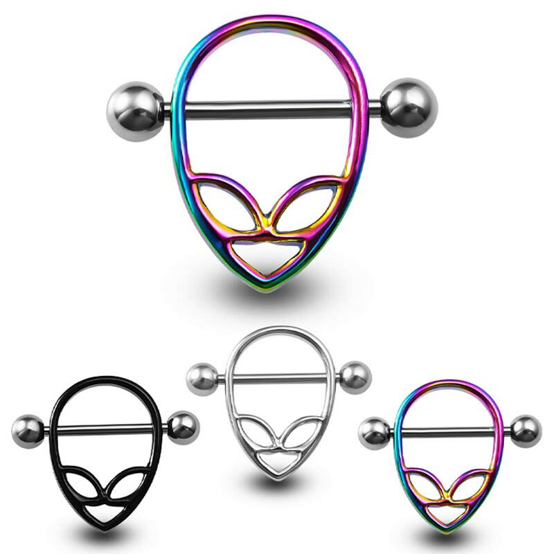 [ 14G 乳首 ] 宇宙人シールド ニップルピアス ボディピアス 1個販売 シルバー ブラック レインボー 黒色 虹色 銀色 ストレートバーベル シールド 14ゲージ 胸 乳輪 メンズ レディース サージカルステンレス316L ボディーピアス 面白い おもしろい グレイ 異国人 UFO