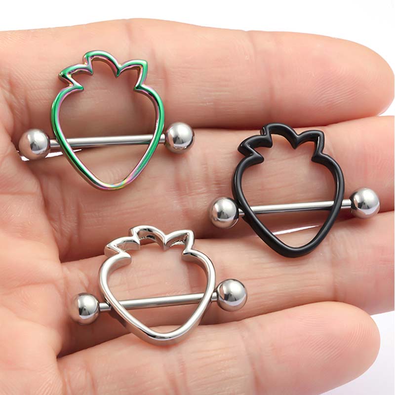 [ 14G 乳首 ] ストロベリーシールド ニップルピアス ボディピアス 1個販売 シルバー ブラック レインボー 黒色 虹色 銀色 ストレートバーベル シールド 14ゲージ 胸 乳輪 メンズ レディース サージカルステンレス316L ボディーピアス イチゴ 苺 いちご フルーツ 果物 2