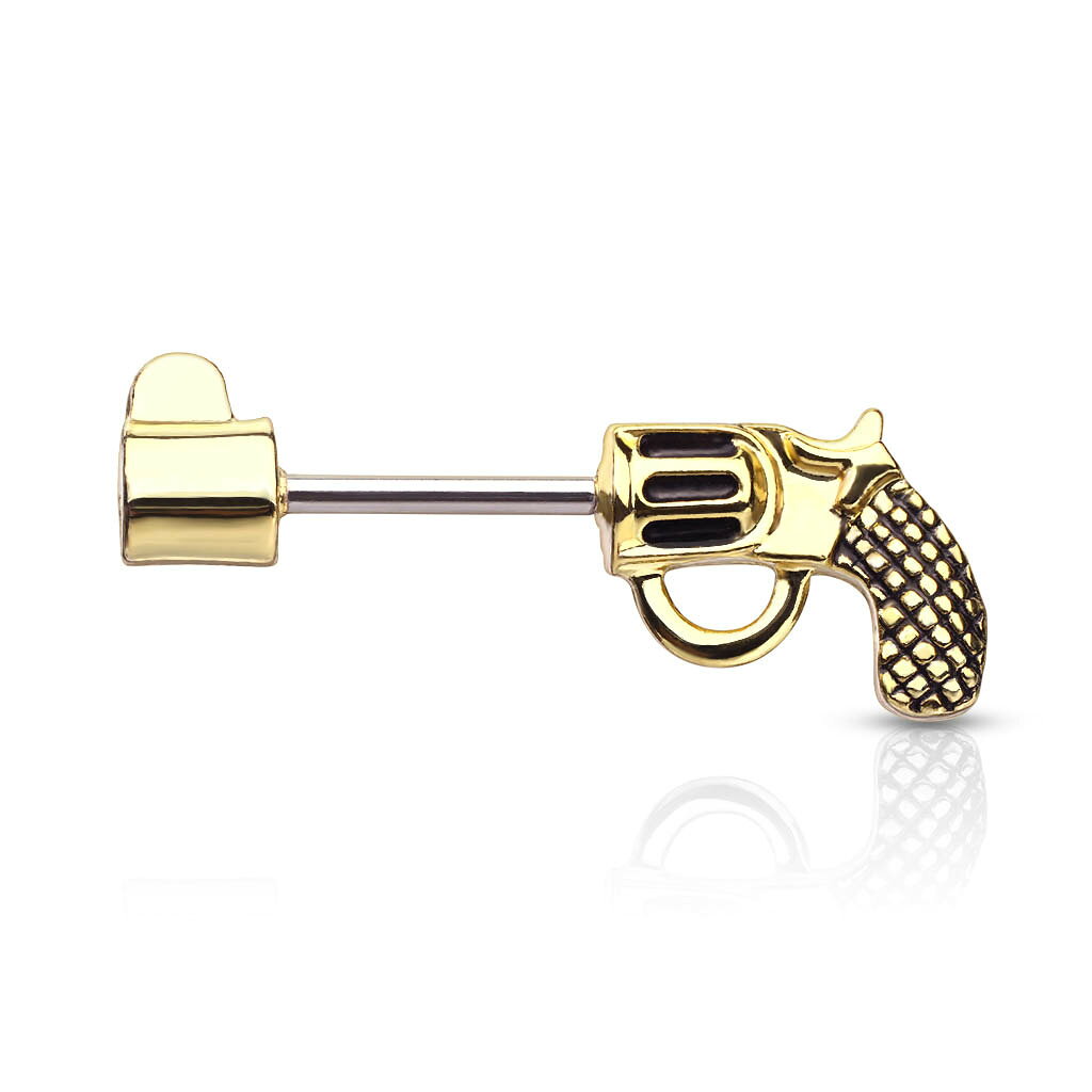 ピアス専門ショップGreen Piercingの[14G ユニーク ボディピアス] 拳銃 ストレートバーベル ニップルピアス 14ゲージ サージカルステンレス316L メンズ レディース ボディーピアス 乳首 ヘリックス 軟骨 アンテナ 人気 男性 女性 ガン 銃 ピストル ゴールド ブラック シルバー 金色 銀色 黒色 プレゼント｜アングル2