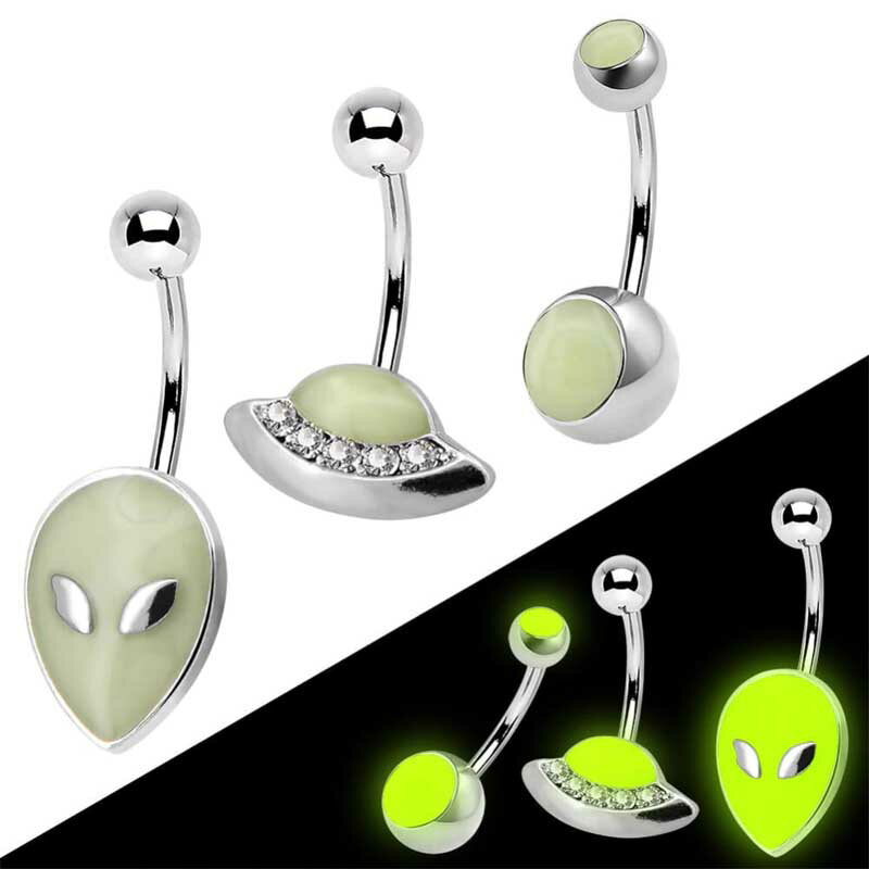 楽天ピアス専門ショップGreen Piercing[光る ヘソピアス ボディピアス 14G ] グロー 宇宙人とUFO へそピアス 3個セット 14ゲージ グロウ 蓄光 グレイ クリスタル ジルコニア ラインストーン 紫外線 ブラックライト クラブ メンズ レディース サージカルステンレス316L 臍ピアス ボディーピアス カーブバーベル