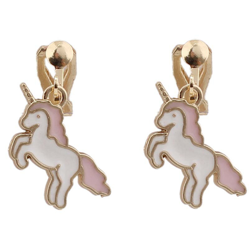 ピンクユニコーンイヤリング(1ペア) 両耳 一角獣 天馬 ペガサス 白色 ホワイト ウマ 馬 アニマル 動物 ゴールド 金色 揺れる 穴あけなし 開けない レデ...