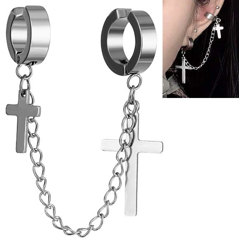 クロスチャームチェーンダブルステンレスイヤーカフ 1個販売 ステンレスイヤリング 挟む 十字架 ロザ