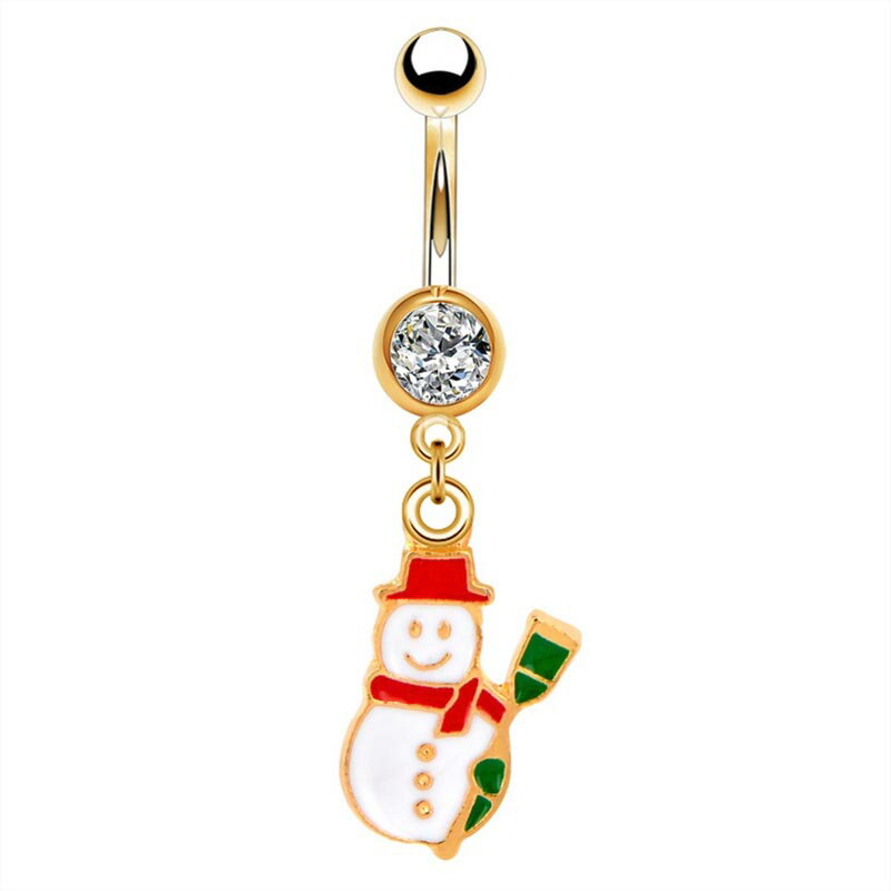 [14G おへそのピアス] 雪だるま チャームへそピアス 14ゲージ ボディピアス ボディーピアス ヘソピアス 臍ピアス メンズ レディース カーブバーベル サージカルステンレス316L 可愛い スノーマン クリスマス 揺れる 金色 ゴールド クリスタル 冬 ジルコニア 人気