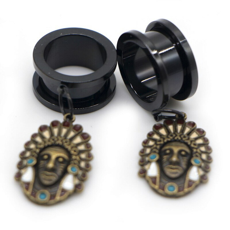 [2G 0G 00G 12mm ボディピアス ] インディアンチャームブラックトンネル 2ゲージ 0ゲージ 00ゲージ 12.0mm 12ミリ 6mm 8mm 10mm ステンレス ボディーピアス メンズ レディース 黒色 顔 顔面 酋長 インディオ フェイス お洒落 ボヘミアン 大きい 面白い おもしろい