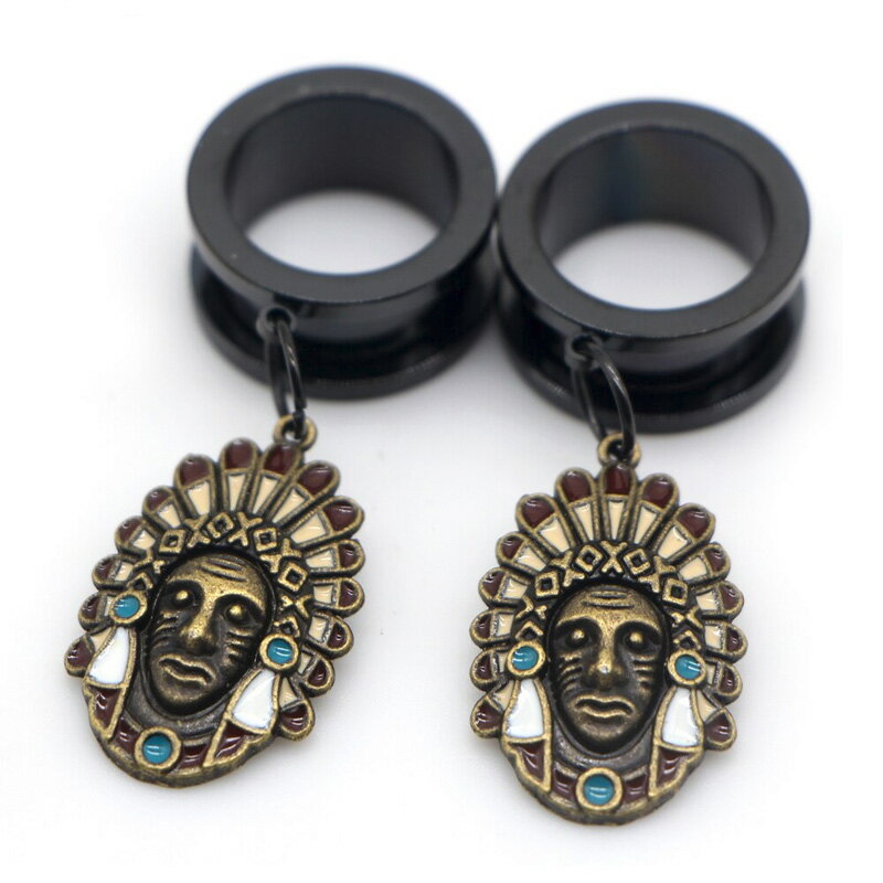 [2G 0G 00G 12mm ボディピアス ] インディアンチャームブラックトンネル 2ゲージ 0ゲージ 00ゲージ 12.0mm 12ミリ 6mm 8mm 10mm ステンレス ボディーピアス メンズ レディース 黒色 顔 顔面 酋長 インディオ フェイス お洒落 ボヘミアン 大きい 面白い おもしろい