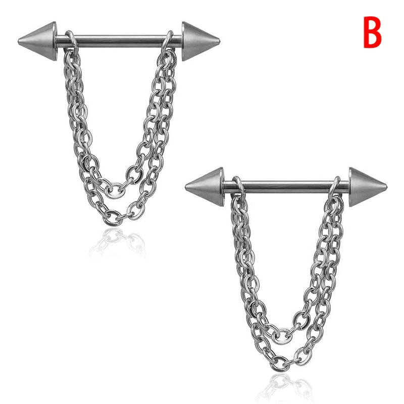 ピアス専門ショップGreen Piercingの[14G ボディーピアス] ブレストダブルチェーン ニップルピアス ストレートバーベル 14ゲージ メンズ レディース ステンレス 黒色 ブラック 銀色 シルバー 金色 ゴールド 2連 鎖 クサリ ボール コーン スパイク 玉 シンプル 揺れる 乳首用 軟骨用 ヘリックス 耳 人気 おしゃれ｜アングル3