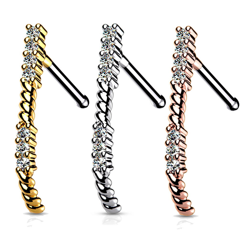 [20g 鼻用 ボディピアス]パベロングクローラーノーズスタッド 鼻ピアス 20G 20ゲージ メンズ レディース ノーズピン ノーズピアス ボディーピアス サージカルステンレス316L プレゼント ハナピアス 男性 女性 シルバー 銀色 金色 ゴールド ピンクゴールド 長い ロング パヴェ