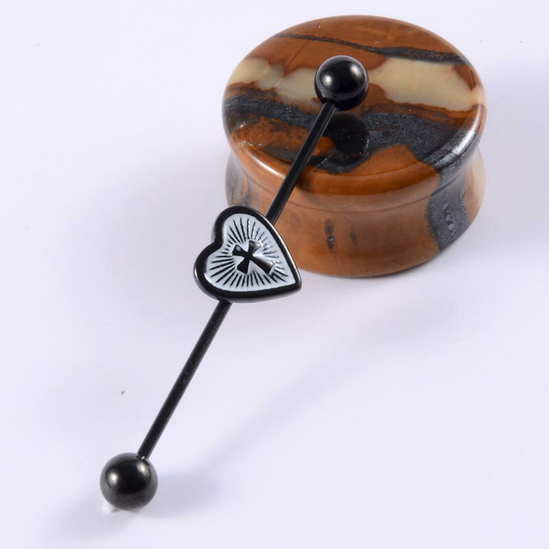 [16G インダストリアル 黒いボディピアス 長いバーベル] ブラックハートクロス 十字架 ボディーピアス 16Ga 16ゲージ 細い 黒色 メガバーベル メンズ レディース 人気 ストレートバーベル 長い ロングバーベル ペアルック おしゃれ かっこいい 男性 女性 ジェンダーレス