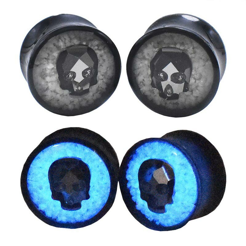 [ボディピアス アクリル ダブルフレア ] グロウ蓄光クリスタルスカルプラグ ボディーピアス 0G 0ゲージ..