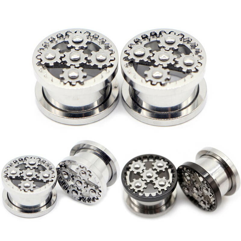 [面白い ボディピアス 14ミリ] からくりトンネル ボディーピアス 14mm 14.0mm 動く ゼンマイ 仕掛け ギア 黒色 ブラック シルバー 銀色 ステンレス メンズ 男子 レディース 女子 プラグ ネジタイプ おもしろい 人気 プレゼント ユニーク ぜんまい 周る 回る クルクル(4.0)